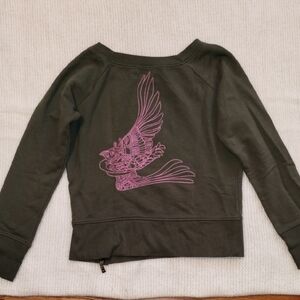 Y2K Ted Baker Jeans Olive Green Sweatshirt with Pink Bird Design